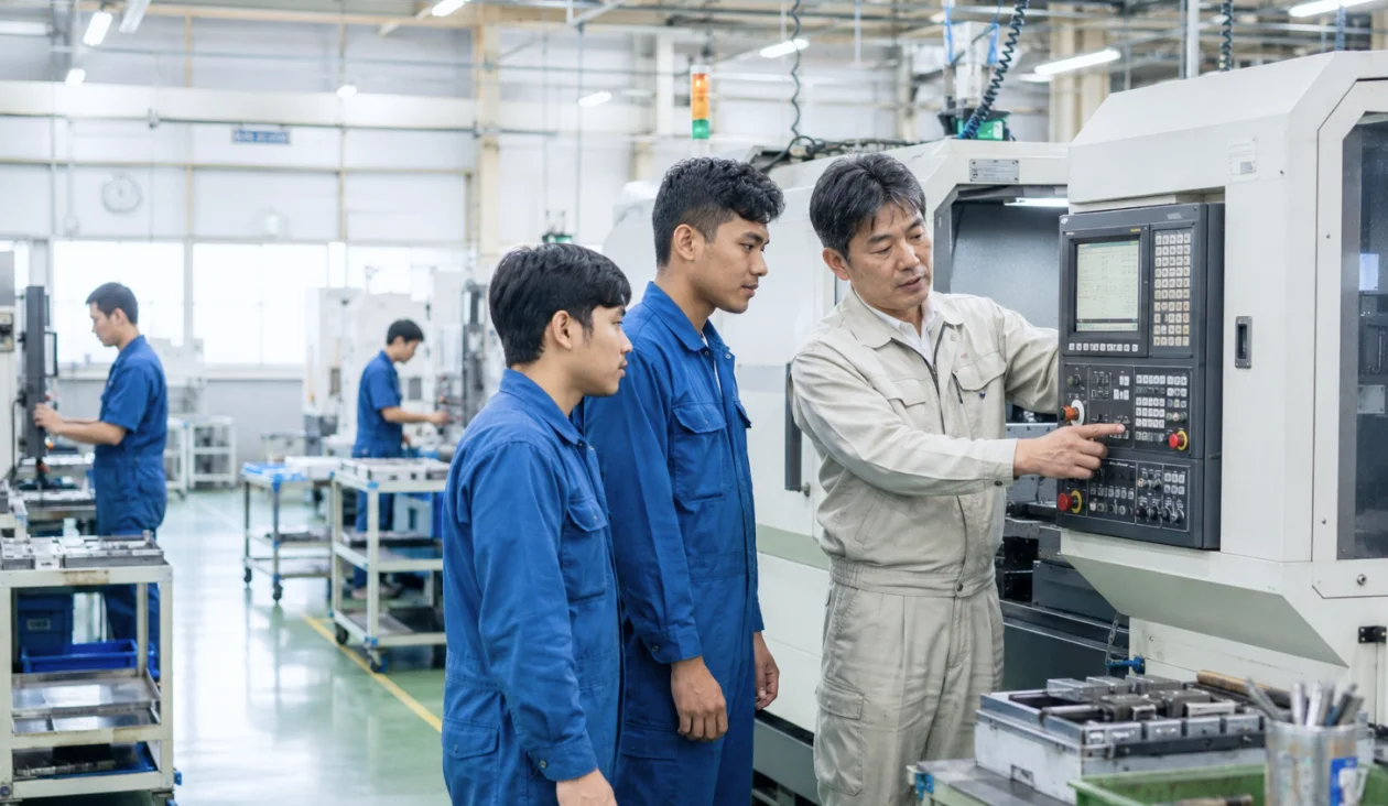 育成就労制度で工場の作業指導を受ける外国人材