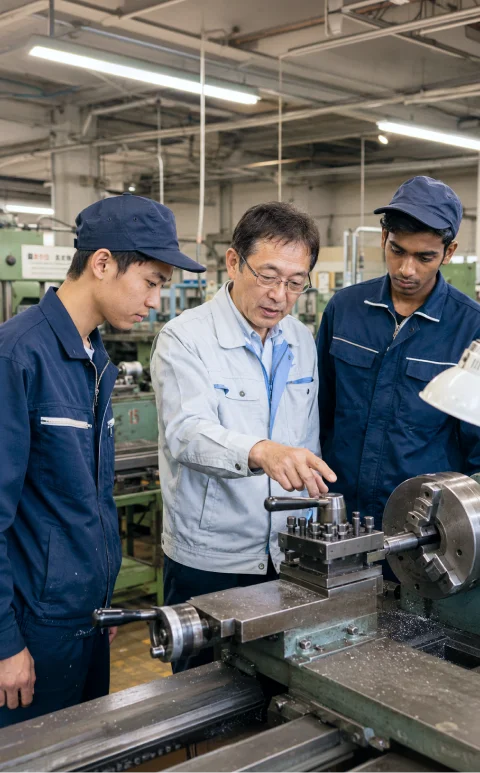 製造現場で作業手順を確認する外国人スタッフと指導者
